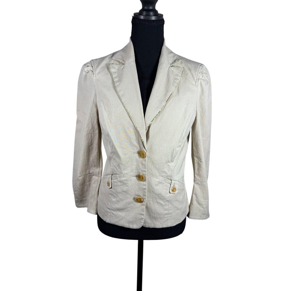 bebe Womens Size 8 Khaki Pinstripe Puff Sleeve Fitted Blazer Jacket Y2K USA
